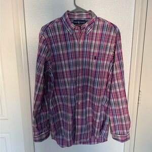 Ralph Lauren Men's Pink and Blue Plaid Button-Down Shirt